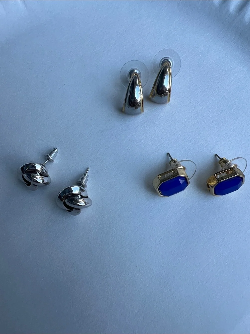 Earrings. Set of three in mixed metals.